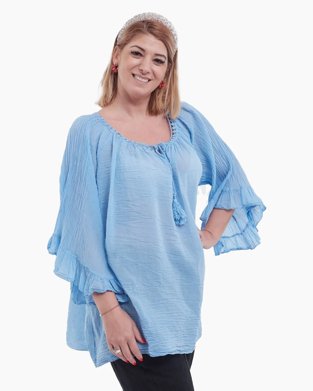 Bluză tip ie bleu oversize cu ciucuri și volane [3]
