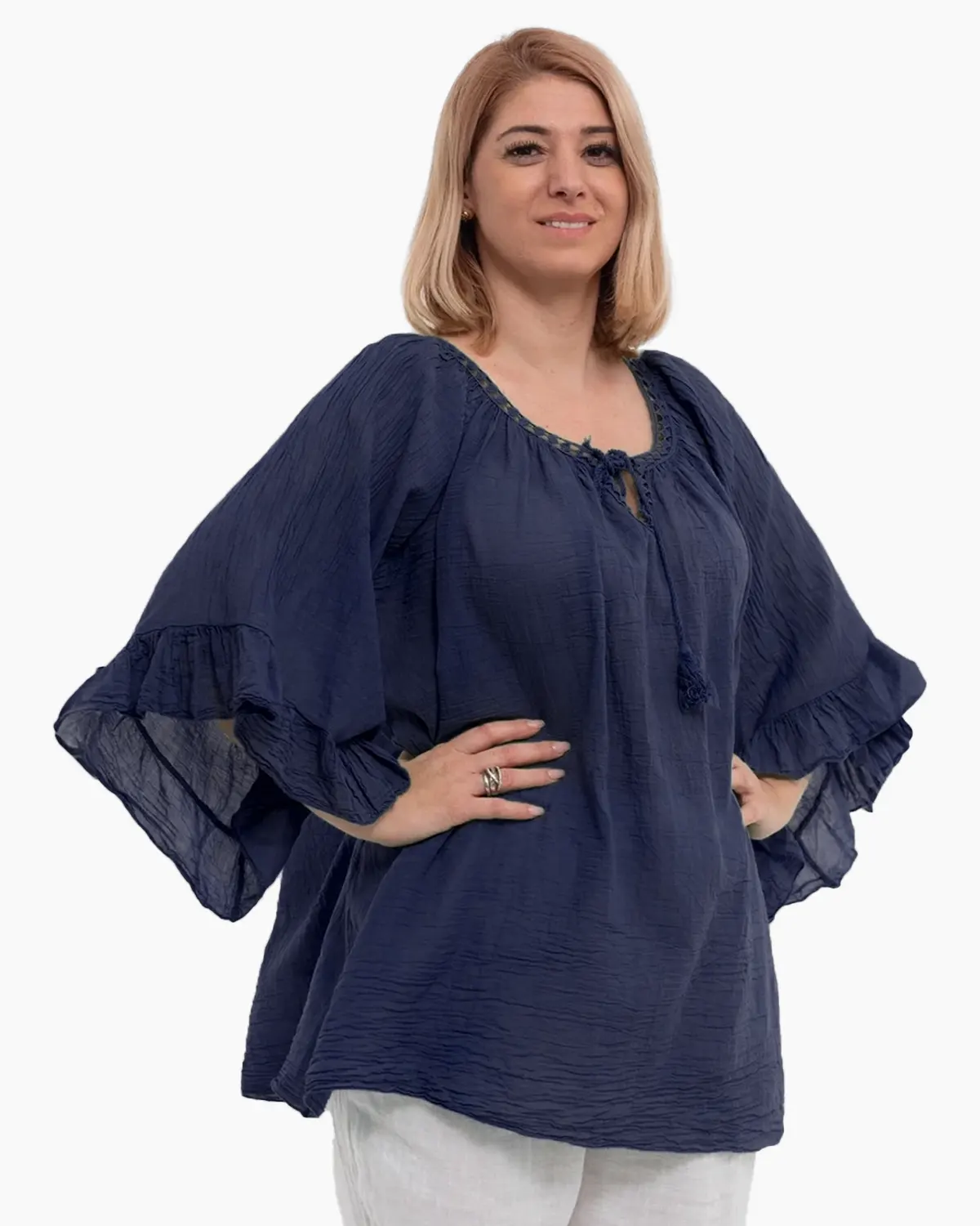 Bluză tip ie bleumarin oversize cu ciucuri și volane [3]
