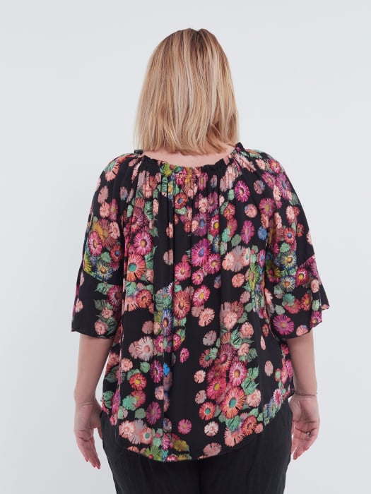Bluză tip ie din bumbac vaporoasă cu imprimeu floral negru [2]