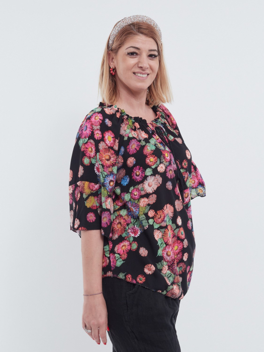Bluză tip ie din bumbac vaporoasă cu imprimeu floral negru [3]