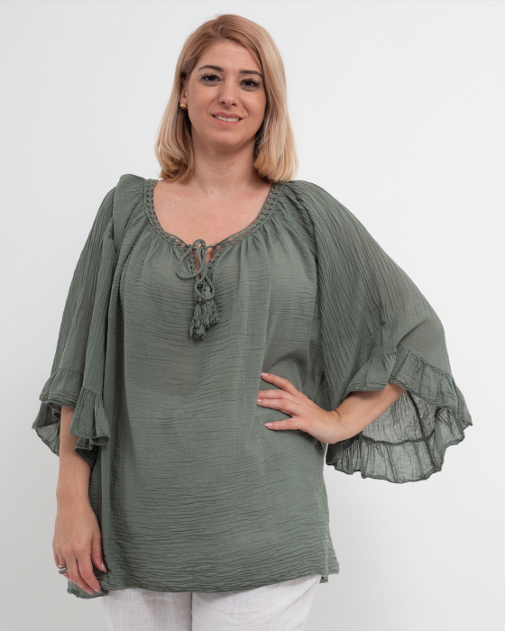 Bluză tip ie kaki oversize cu ciucuri și volane [1]