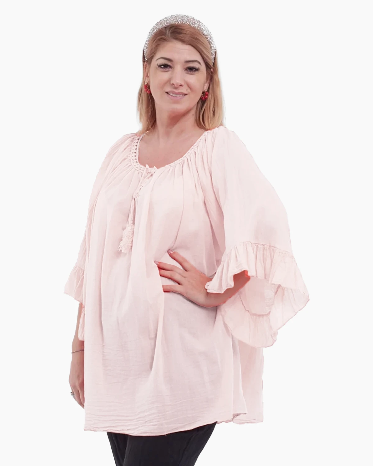 Bluză tip ie roz pal oversize cu ciucuri și volane [2]
