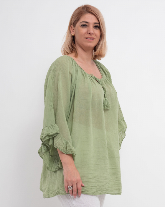 Bluză tip ie verde deschis oversize cu ciucuri și volane [4]