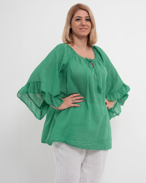 Bluză tip ie verde oversize cu ciucuri și volane [4]