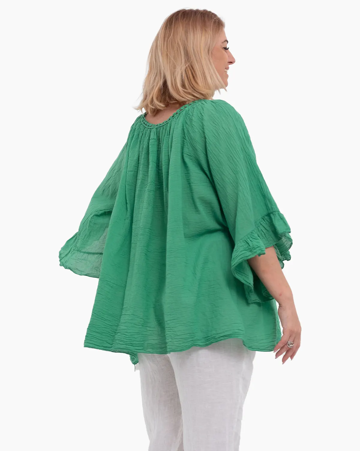 Bluză tip ie verde oversize cu ciucuri și volane [3]