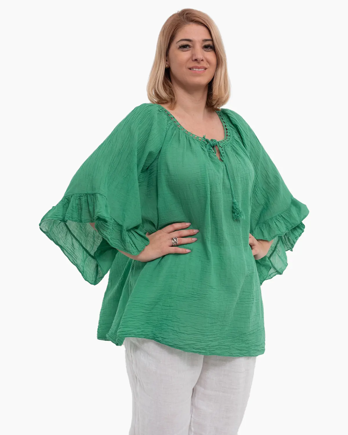 Bluză tip ie verde oversize cu ciucuri și volane [4]