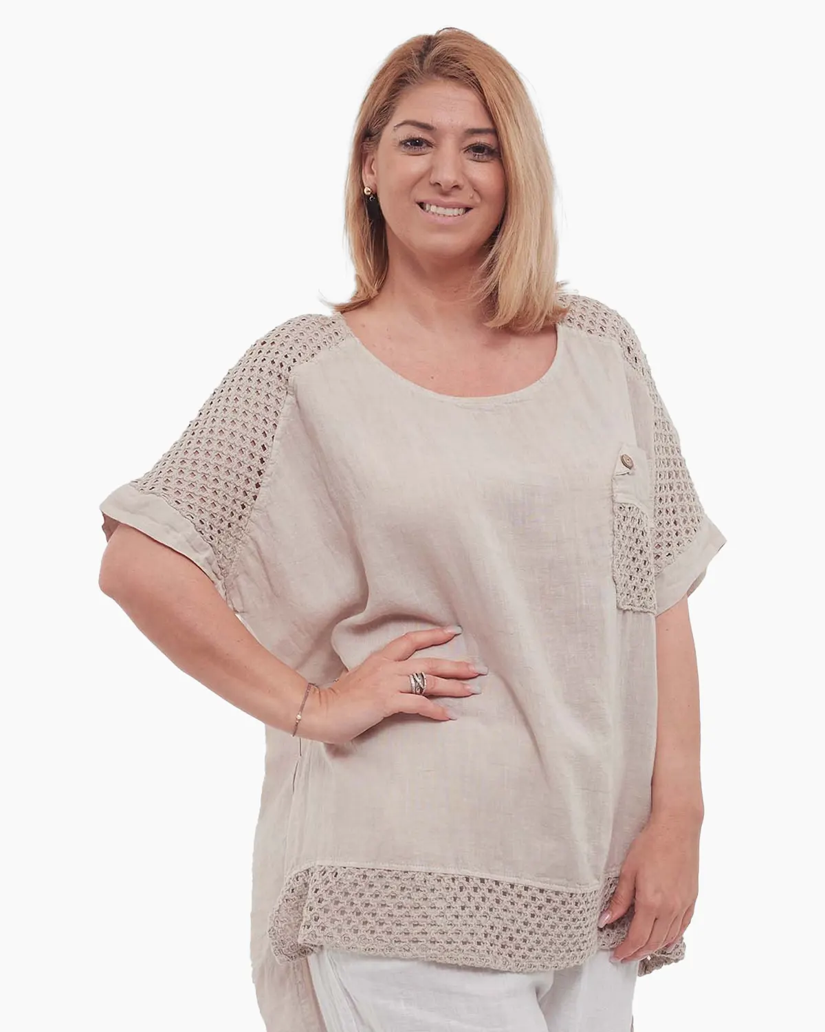 Bluză tunică bej-fango din in, stil smart casual, fluidă și elegantă [3]