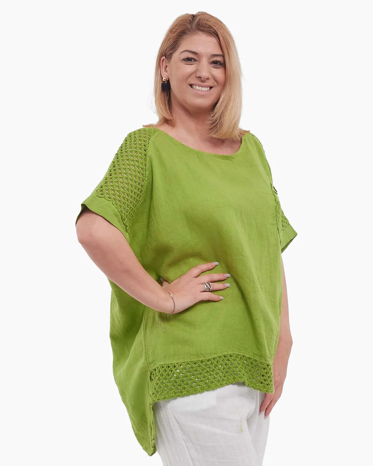Bluză tunică vernil din in, croială lejeră, stil smart casual [3]