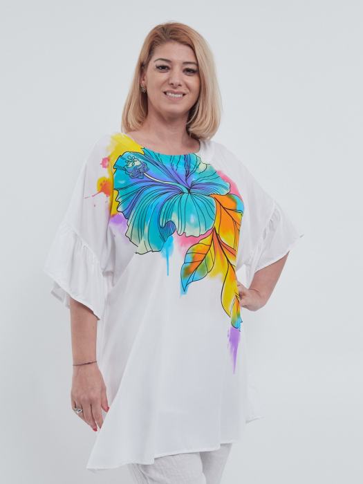 Bluza vaporoasa din 100% viscoza cu umeri cazuti maneci scurte cu volane si imprimeu abstract talie unica alb [3]