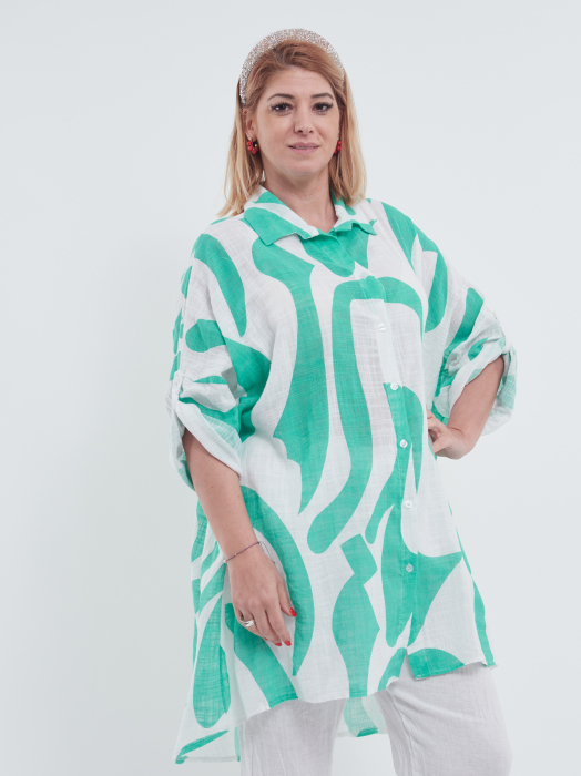 Bluză vaporoasă din in alb cu imprimeu abstract verde menta – croi lejer [2]