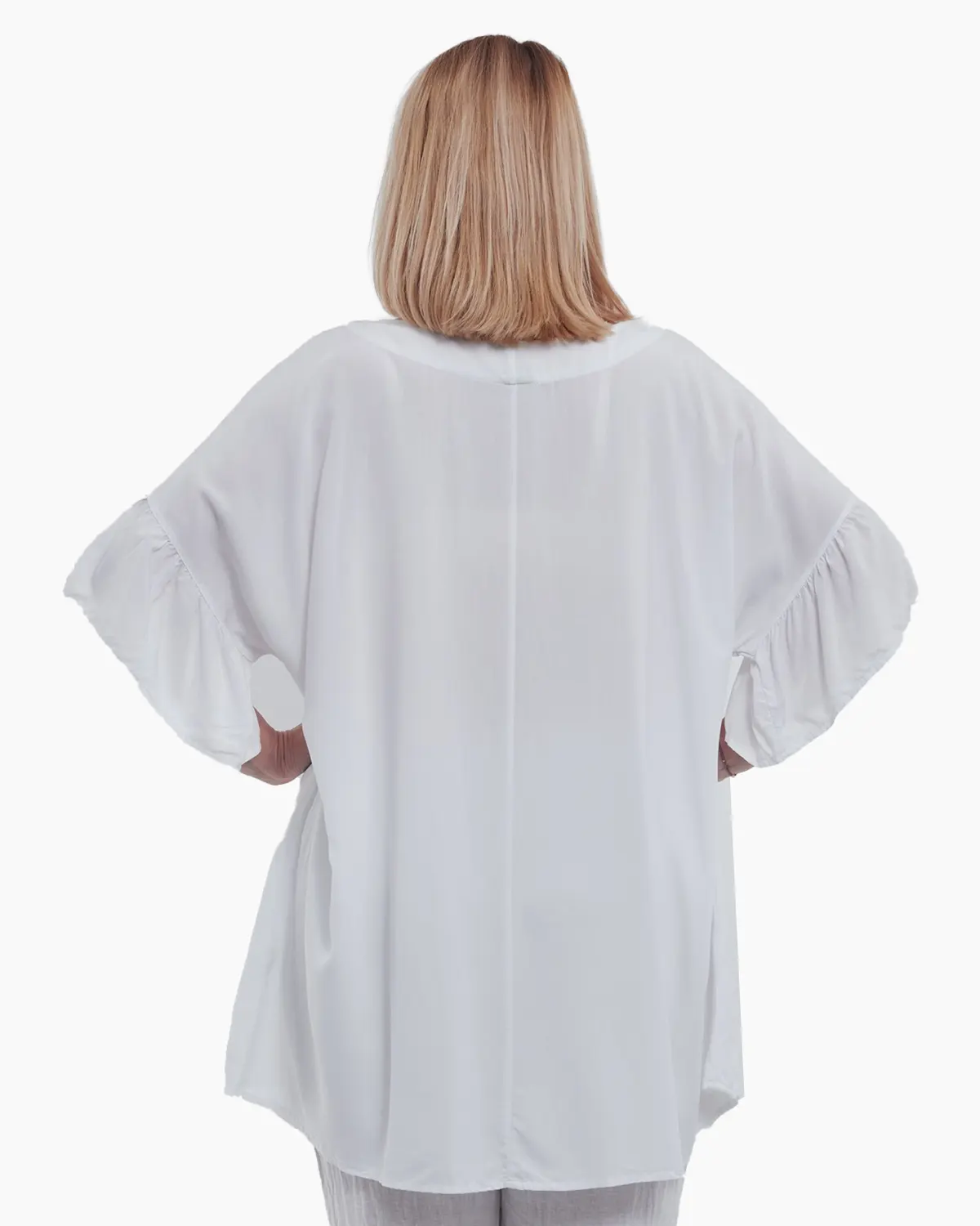 Bluza vaporoasa din 100% viscoza cu umeri cazuti maneci scurte cu volane si imprimeu abstract talie unica alb [2]