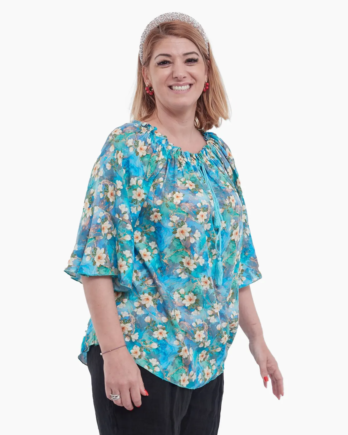Bluză vaporoasă tip ie din bumbac cu imprimeu floral bleu [3]