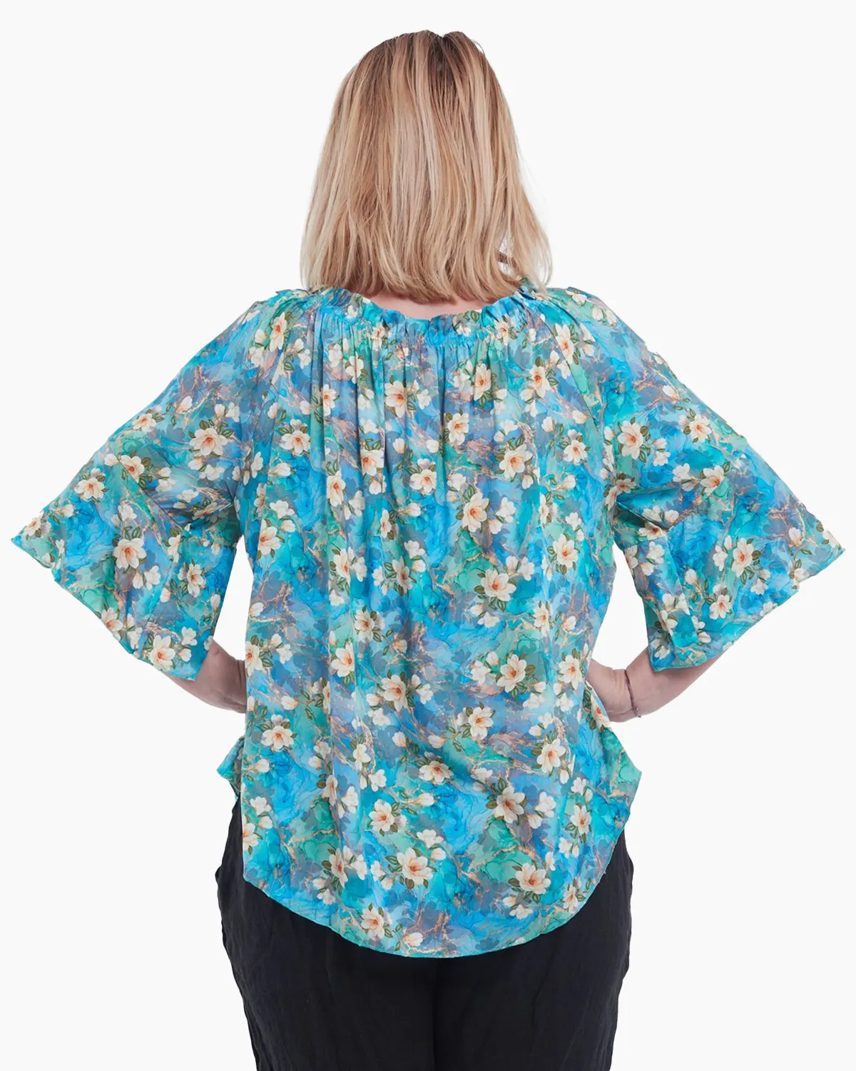 Bluză vaporoasă tip ie din bumbac cu imprimeu floral bleu [2]