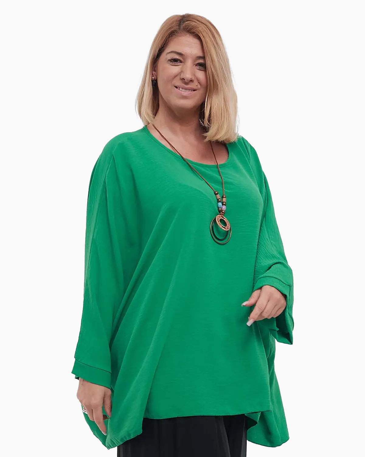 Bluză verde casual lejeră din vâscoză, mâneci dolman, colier inclus [4]