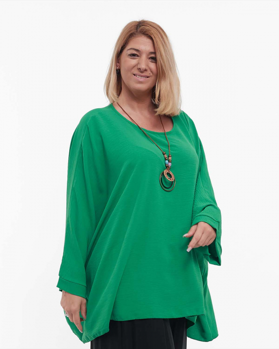Bluză verde casual lejeră din vâscoză, mâneci dolman, colier inclus [4]