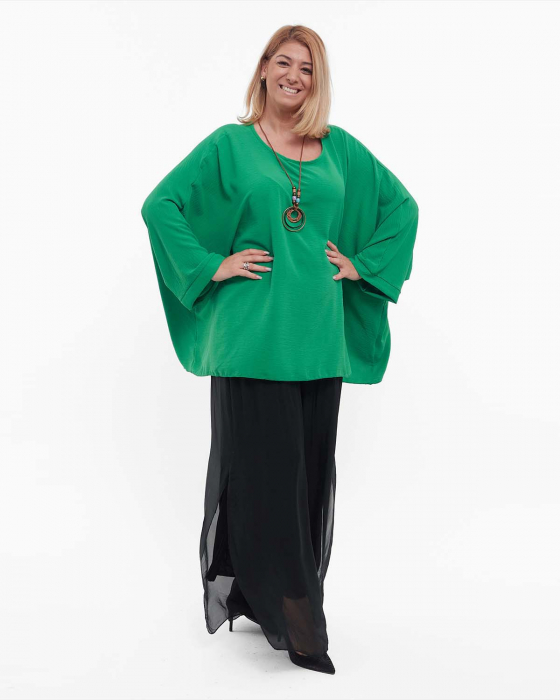 Bluză verde casual lejeră din vâscoză, mâneci dolman, colier inclus [3]