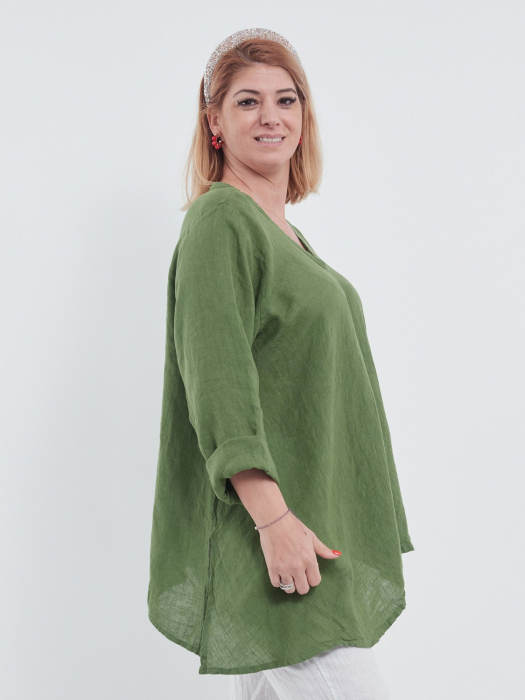 Bluză verde din in cu achior, decolteu în V și design lejer pentru vară [3]