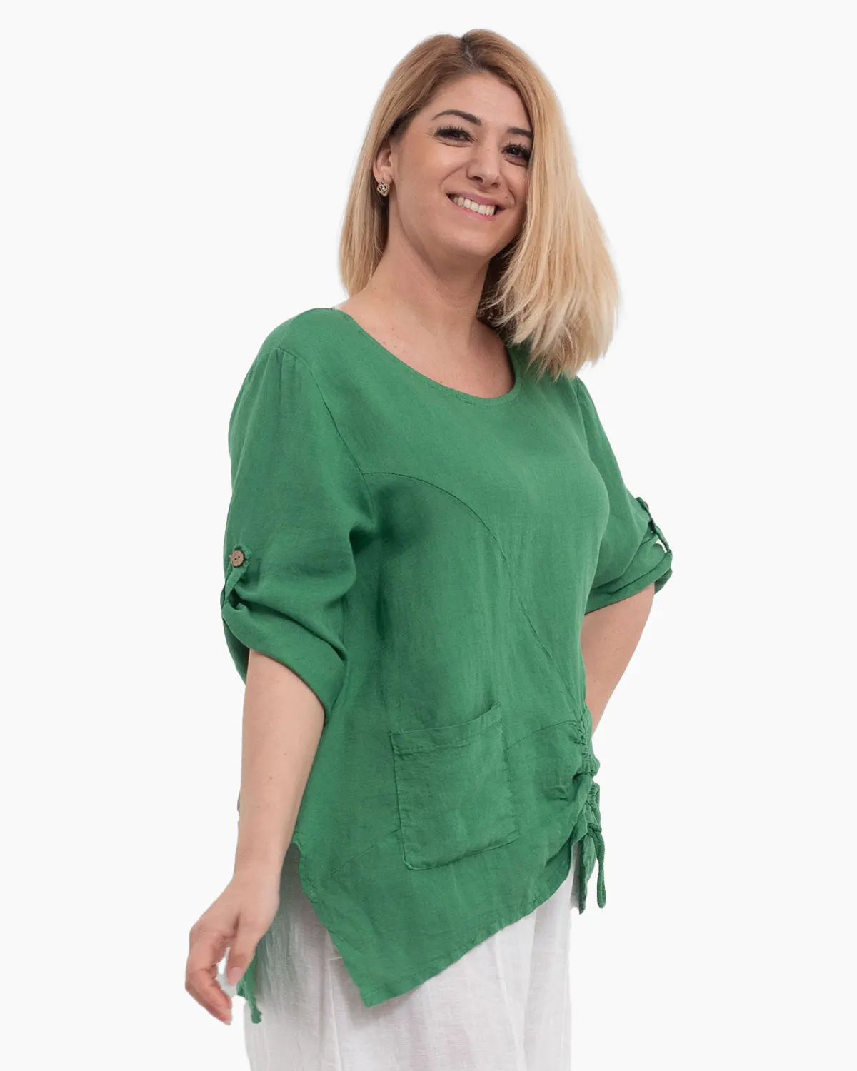 Bluza verde din in cu maneci trei sferturi si buzunare [4]