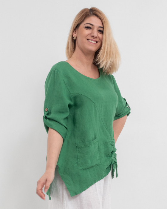 Bluza verde din in cu maneci trei sferturi si buzunare [4]