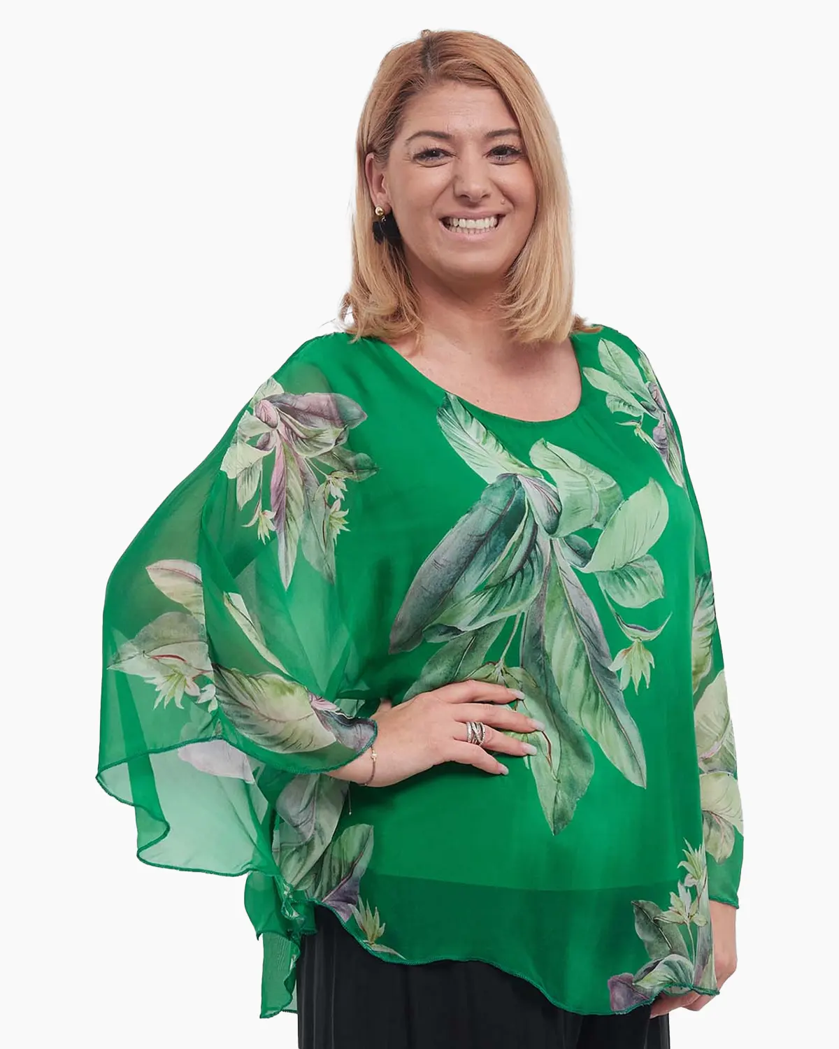 Bluză verde elegantă stil kimono cu imprimeu floral [1]