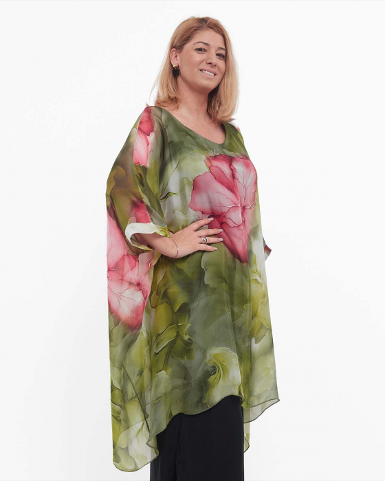 Bluză verde romantică tip tunică cu imprimeu floral și mâneci dolman [4]