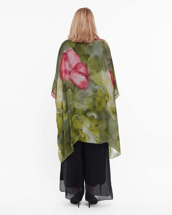 Bluză verde romantică tip tunică cu imprimeu floral și mâneci dolman [2]