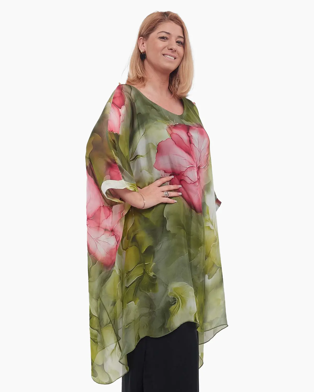 Bluză verde romantică tip tunică cu imprimeu floral și mâneci dolman [4]
