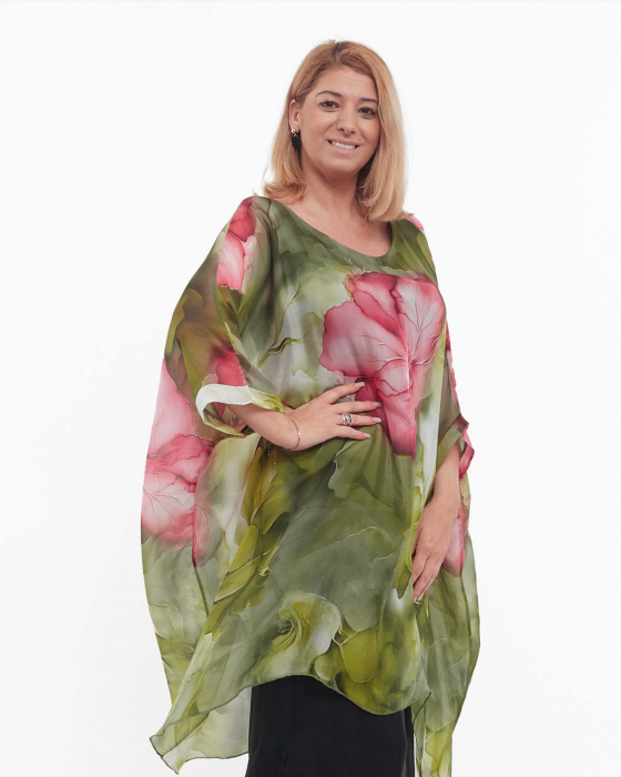 Bluză verde romantică tip tunică cu imprimeu floral și mâneci dolman [3]