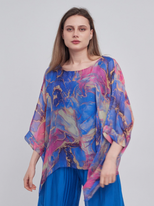 Bluza versatila din matase cu imprimeu discret albastru si visiniu [2]