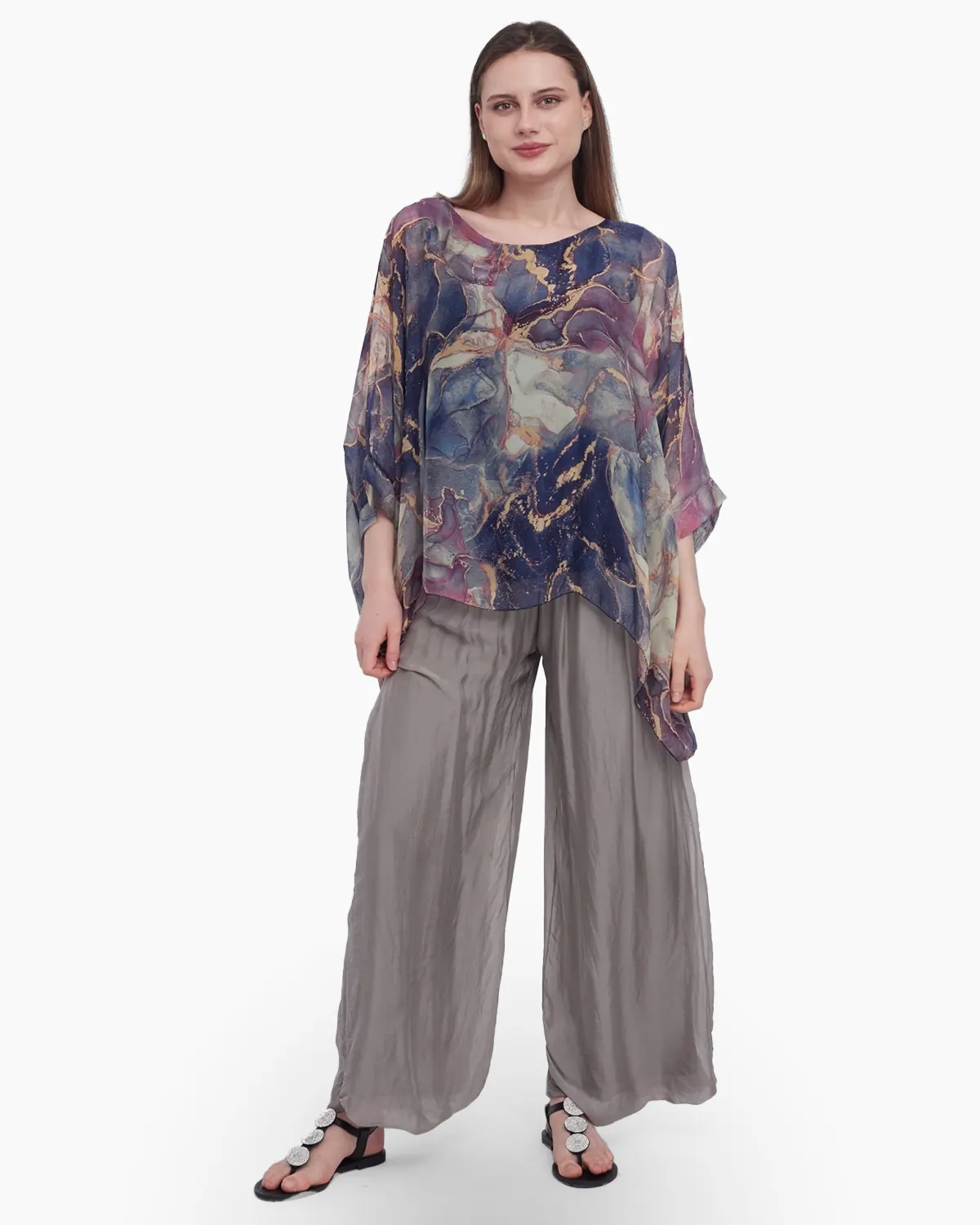 Bluza versatila din matase cu imprimeu discret bleumarin [2]