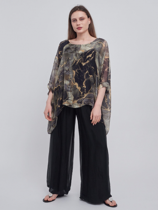 Bluza versatila din matase cu imprimeu discret, negru [2]