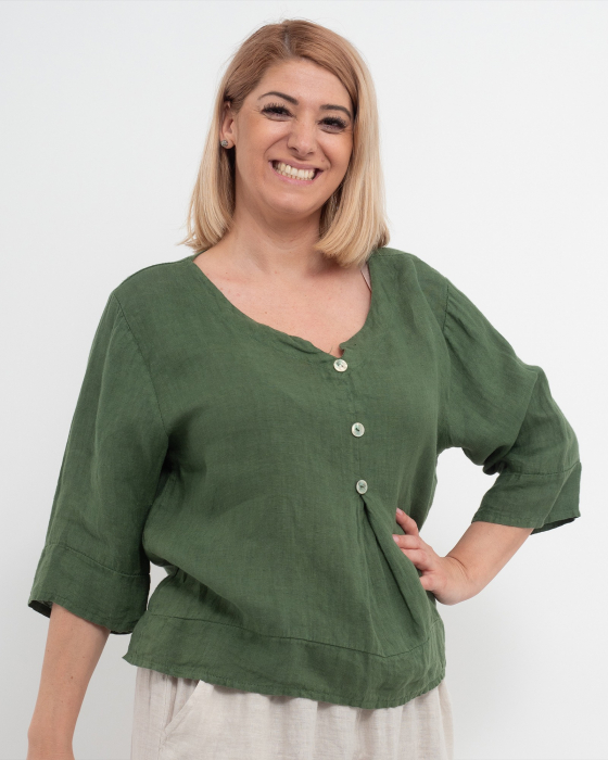 Bluza versatila verde olive din in cu croi drept [4]