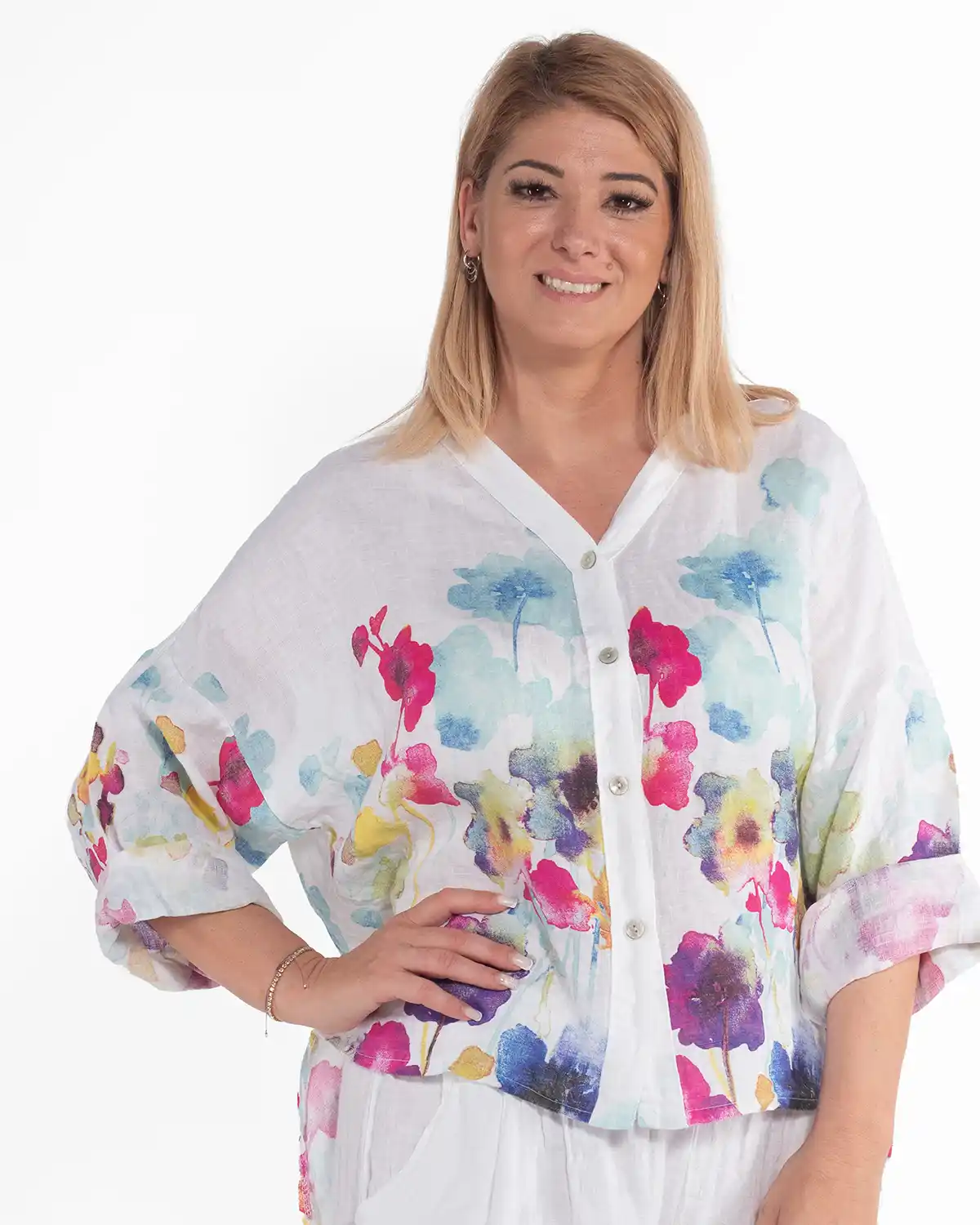 Cămașă boho albă din in cu imprimeu floral [1]
