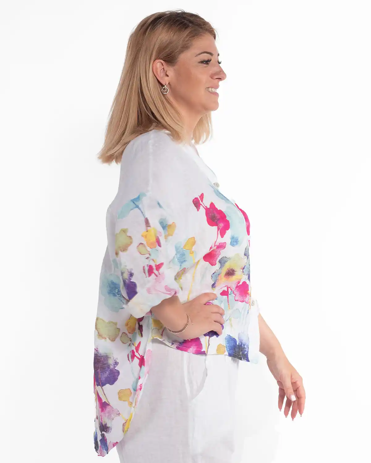 Cămașă boho albă din in cu imprimeu floral [4]