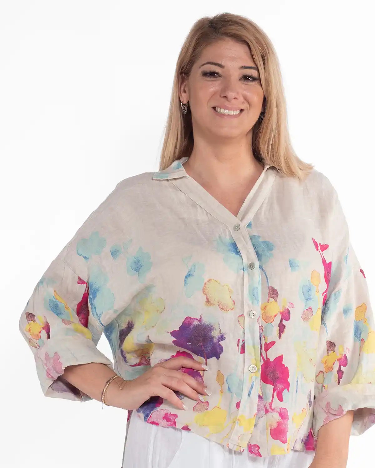 Cămașă boho lejeră bej din in cu imprimeu floral [4]