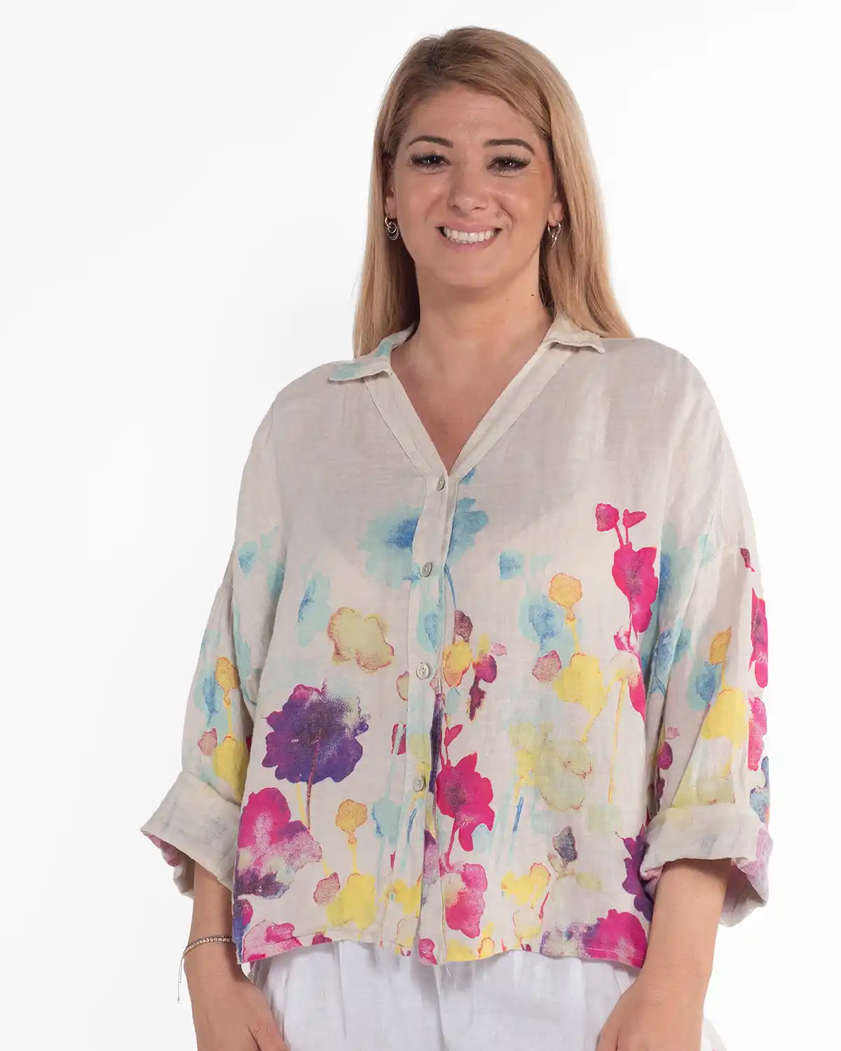 Cămașă boho lejeră bej din in cu imprimeu floral [1]