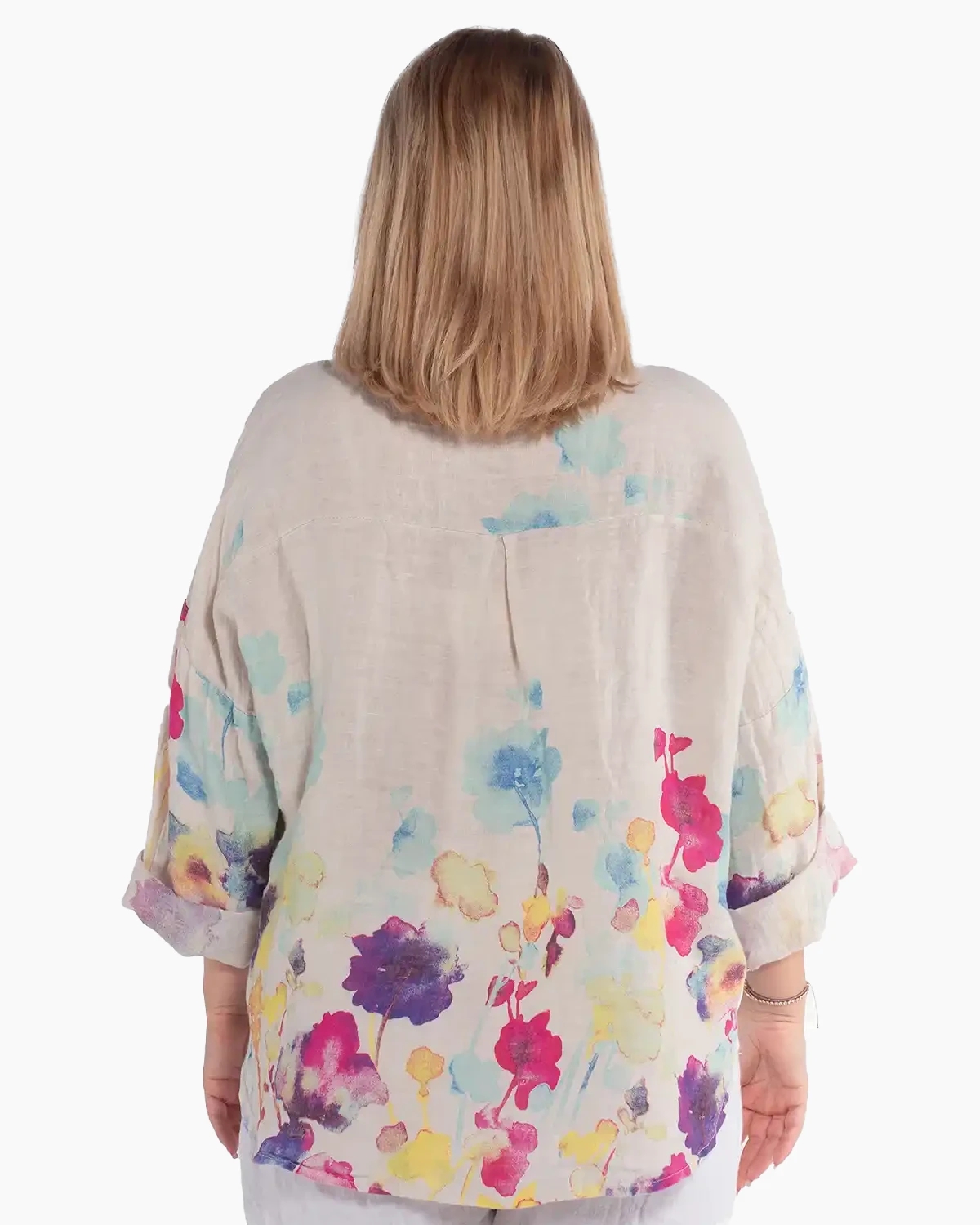 Cămașă boho lejeră bej din in cu imprimeu floral [2]