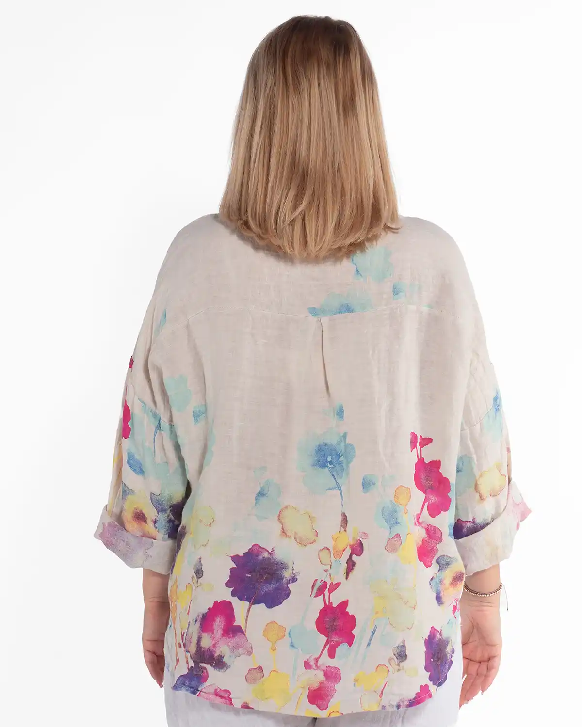 Cămașă boho lejeră bej din in cu imprimeu floral [2]
