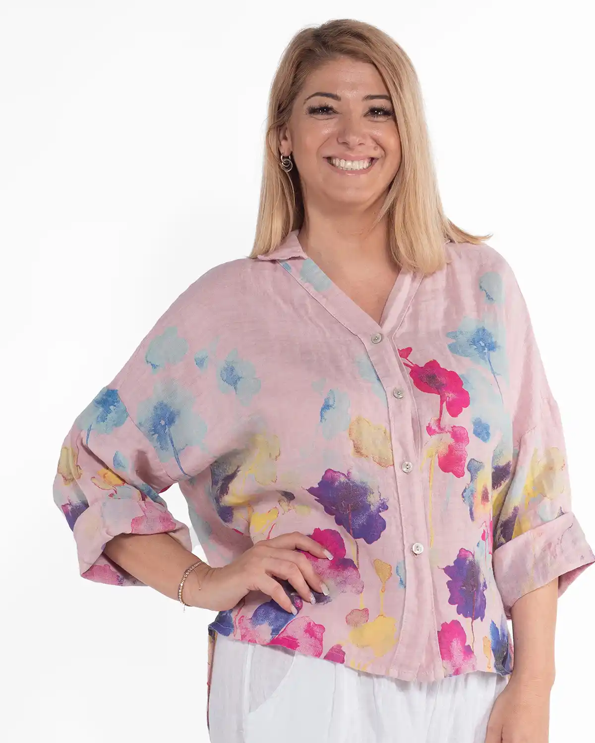 Cămașă boho lejeră roz pudrat din in cu imprimeu floral [4]