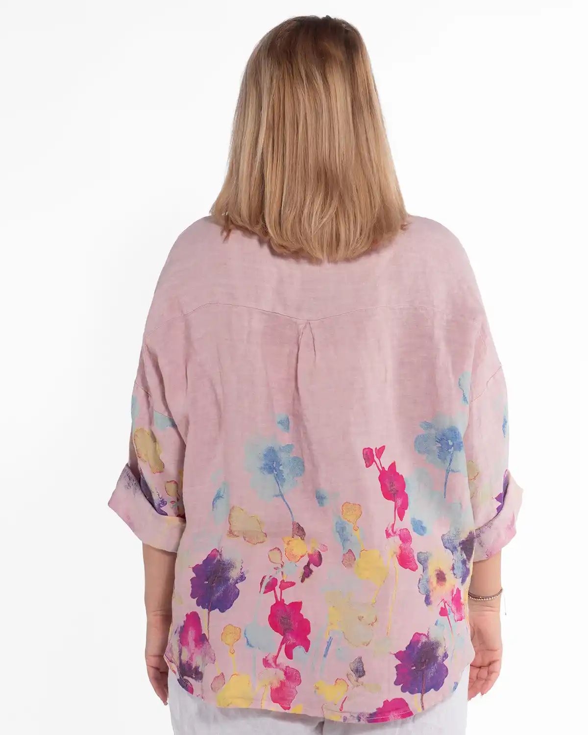 Cămașă boho lejeră roz pudrat din in cu imprimeu floral [2]