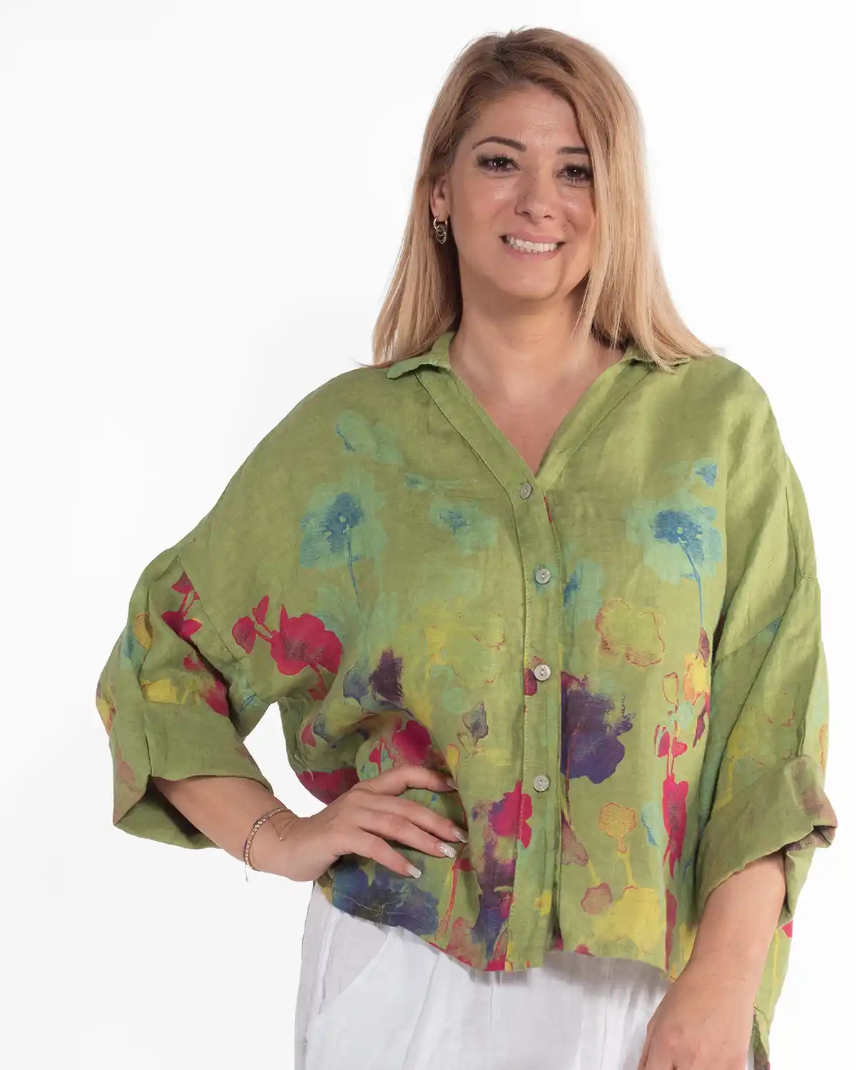 Cămașă boho lime din in cu imprimeu floral [4]