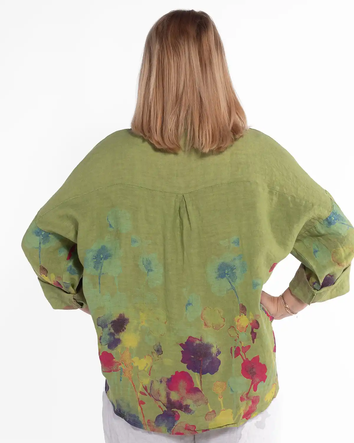 Cămașă boho lime din in cu imprimeu floral [2]