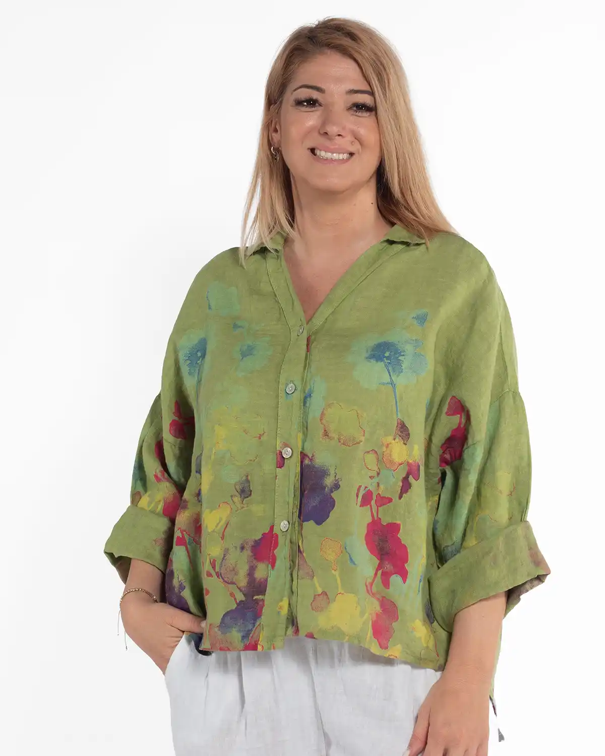Cămașă boho lime din in cu imprimeu floral [1]