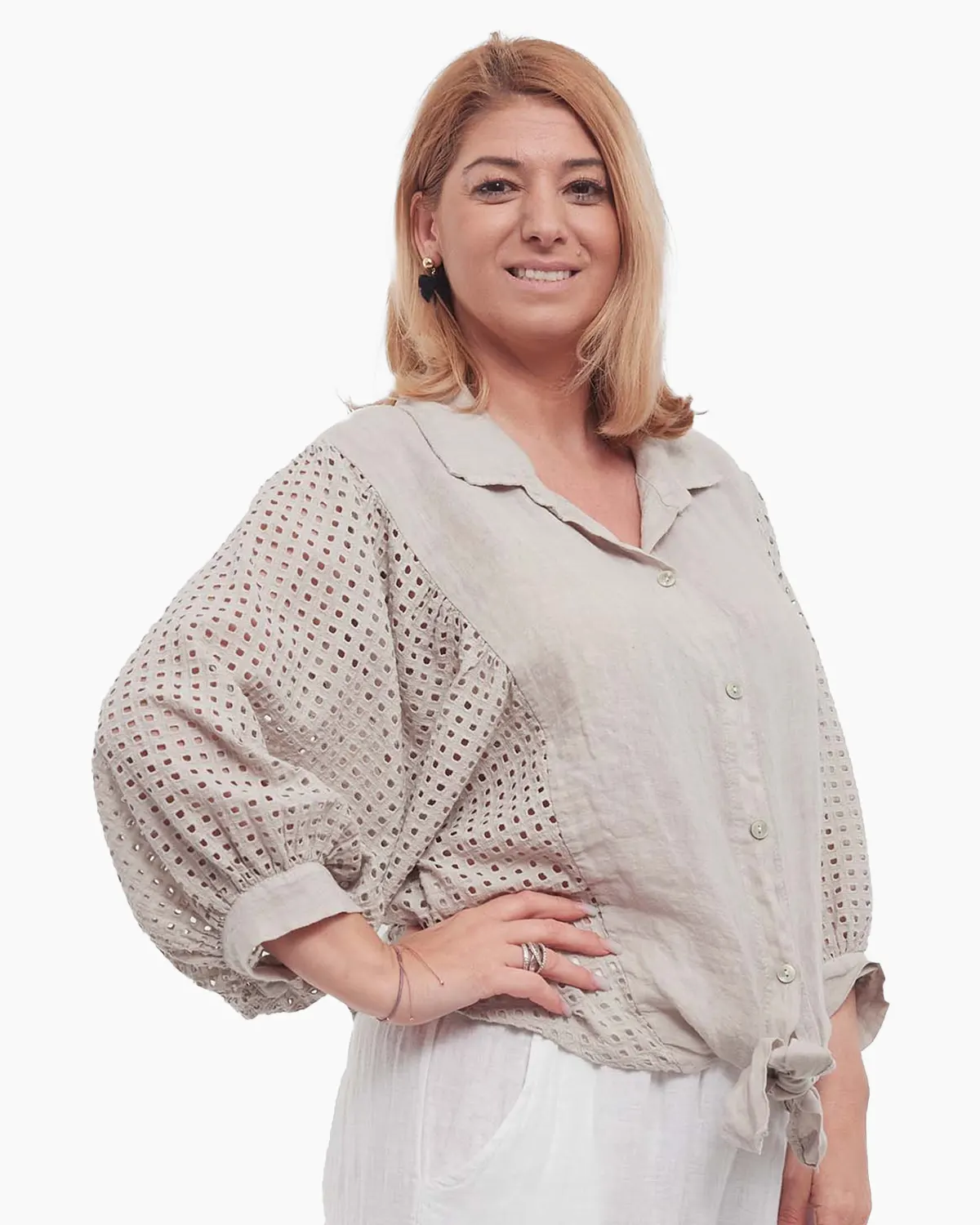 Cămașă chic din in bej-fango lejeră stil smart casual [3]