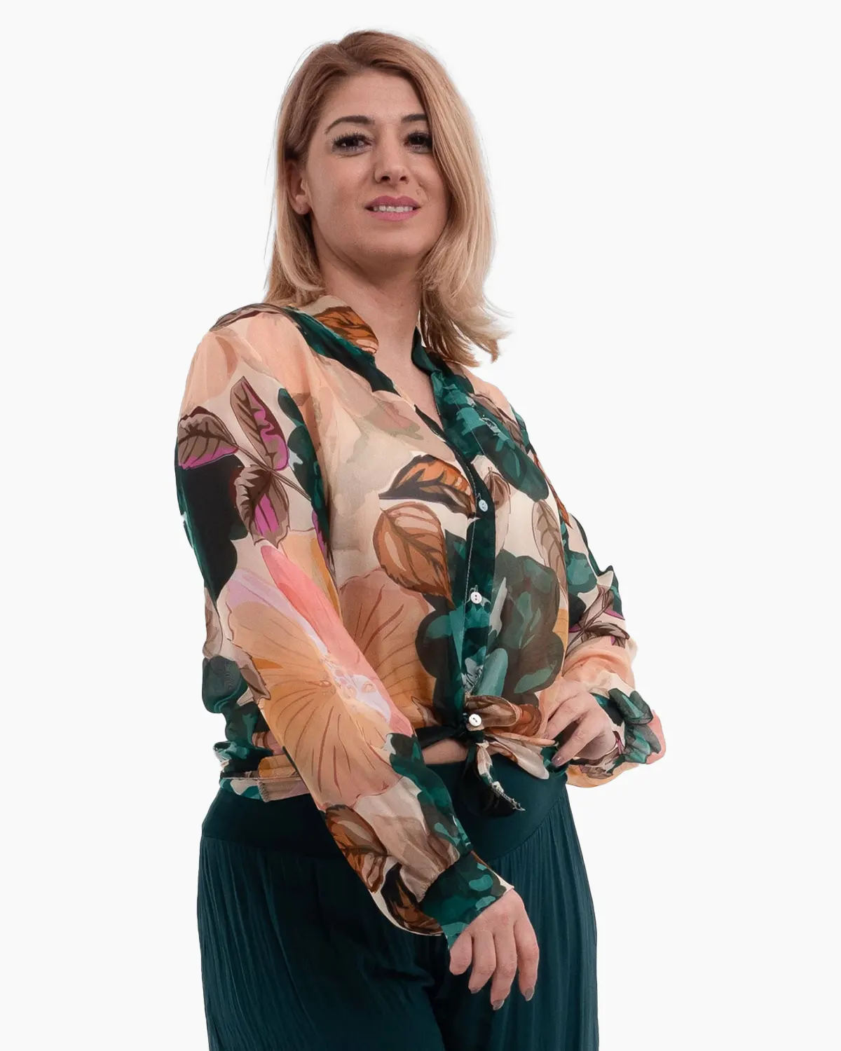 Camasa cu matase, design floral verde cu bej [3]