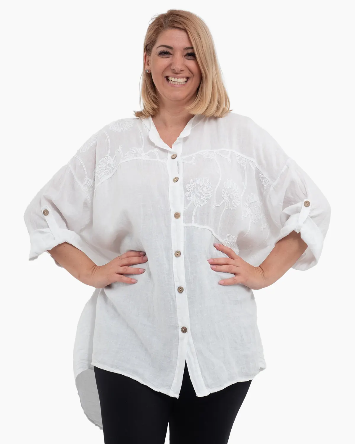 Cămașă de damă oversize albă din in, cu broderie florală și guler tunică [1]