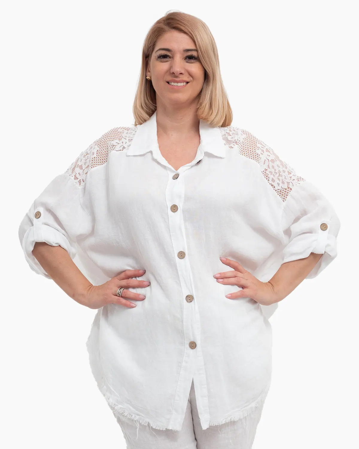 Cămașă elegantă oversize din in cu dantelă și detalii boeme [1]