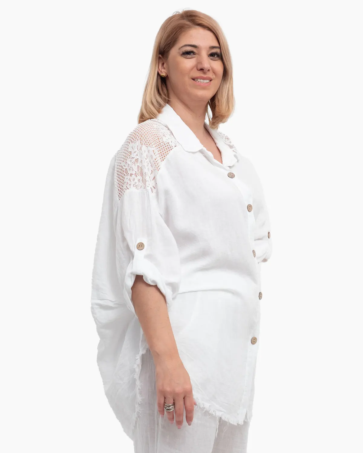 Cămașă elegantă oversize din in cu dantelă și detalii boeme [3]