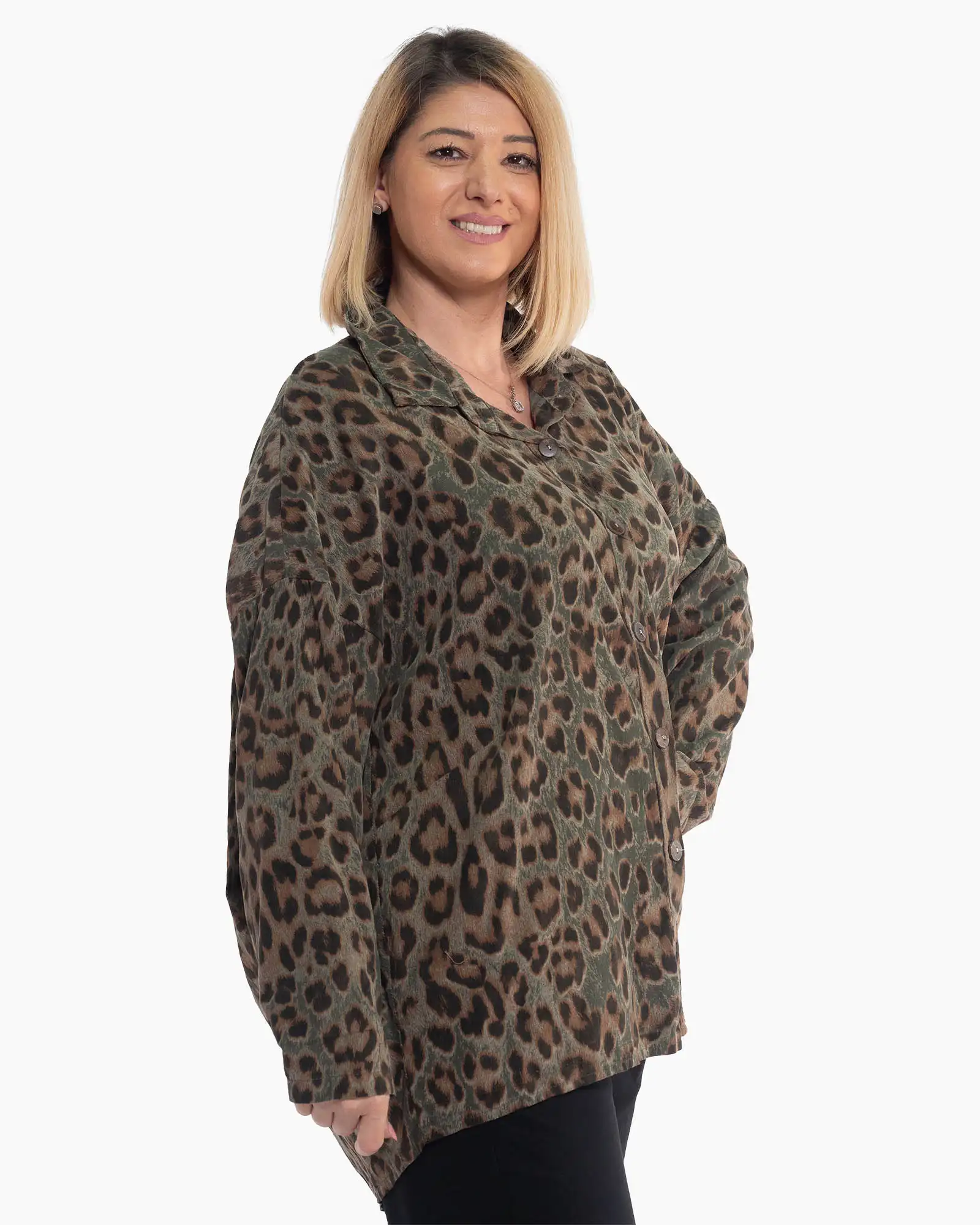 Cămașă fluidă kaki cu animal print elegant [3]