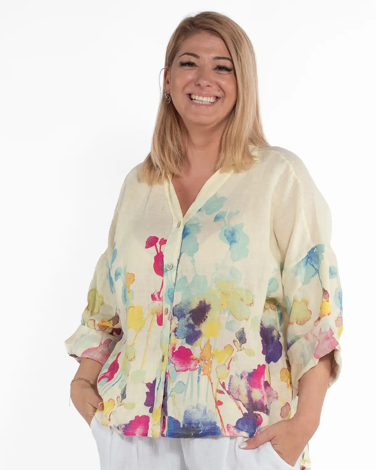 Cămașă galbenă boho din in cu imprimeu floral [4]